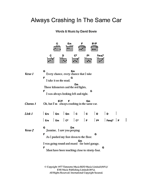 Download David Bowie Always Crashing In The Same Car Sheet Music and learn how to play Lyrics & Chords PDF digital score in minutes