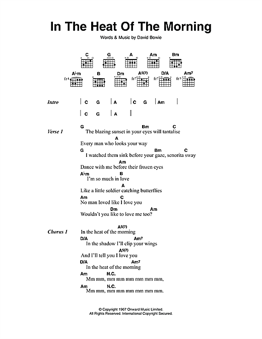 Download David Bowie In The Heat Of The Morning Sheet Music and learn how to play Lyrics & Chords PDF digital score in minutes