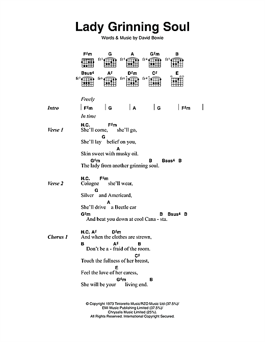 Download David Bowie Lady Grinning Soul Sheet Music and learn how to play Lyrics & Chords PDF digital score in minutes
