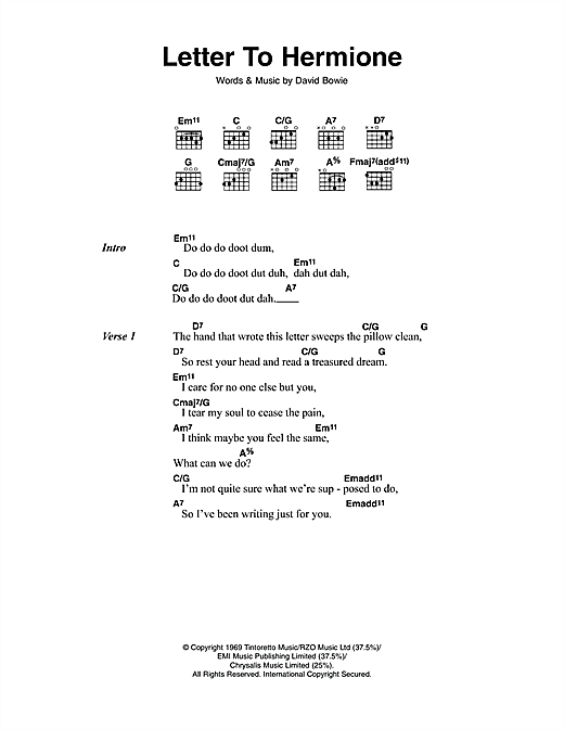 Download David Bowie Letter To Hermione Sheet Music and learn how to play Lyrics & Chords PDF digital score in minutes
