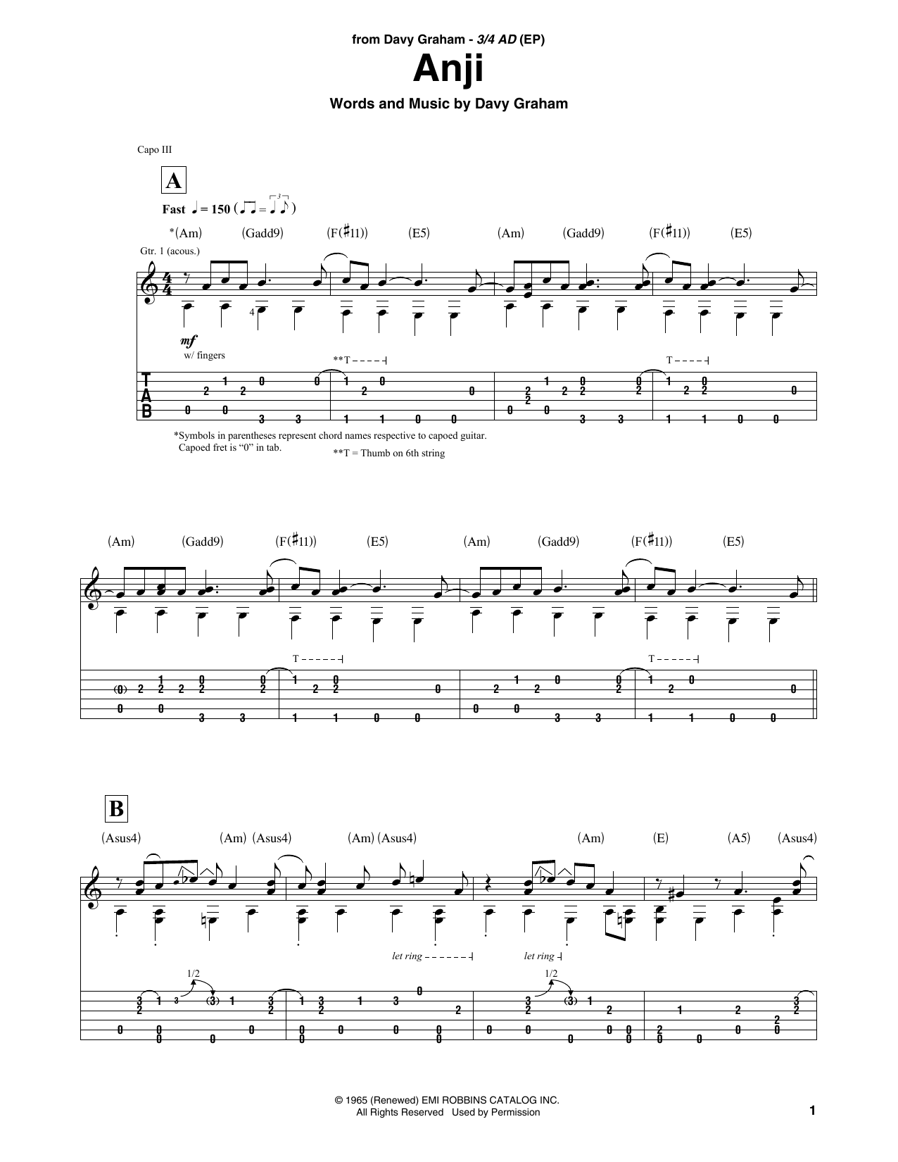 Download Davy Graham Anji Sheet Music and learn how to play Solo Guitar PDF digital score in minutes