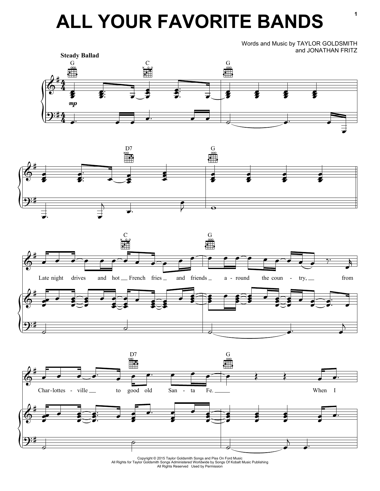 Download Dawes All Your Favorite Bands Sheet Music and learn how to play Piano, Vocal & Guitar Chords (Right-Hand Melody) PDF digital score in minutes