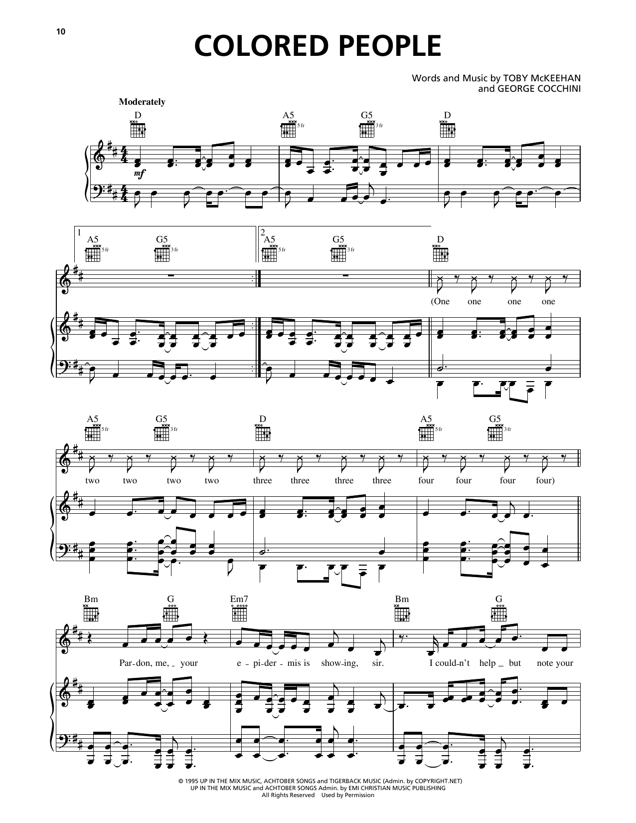 Download dc Talk Colored People Sheet Music and learn how to play Piano, Vocal & Guitar (Right-Hand Melody) PDF digital score in minutes