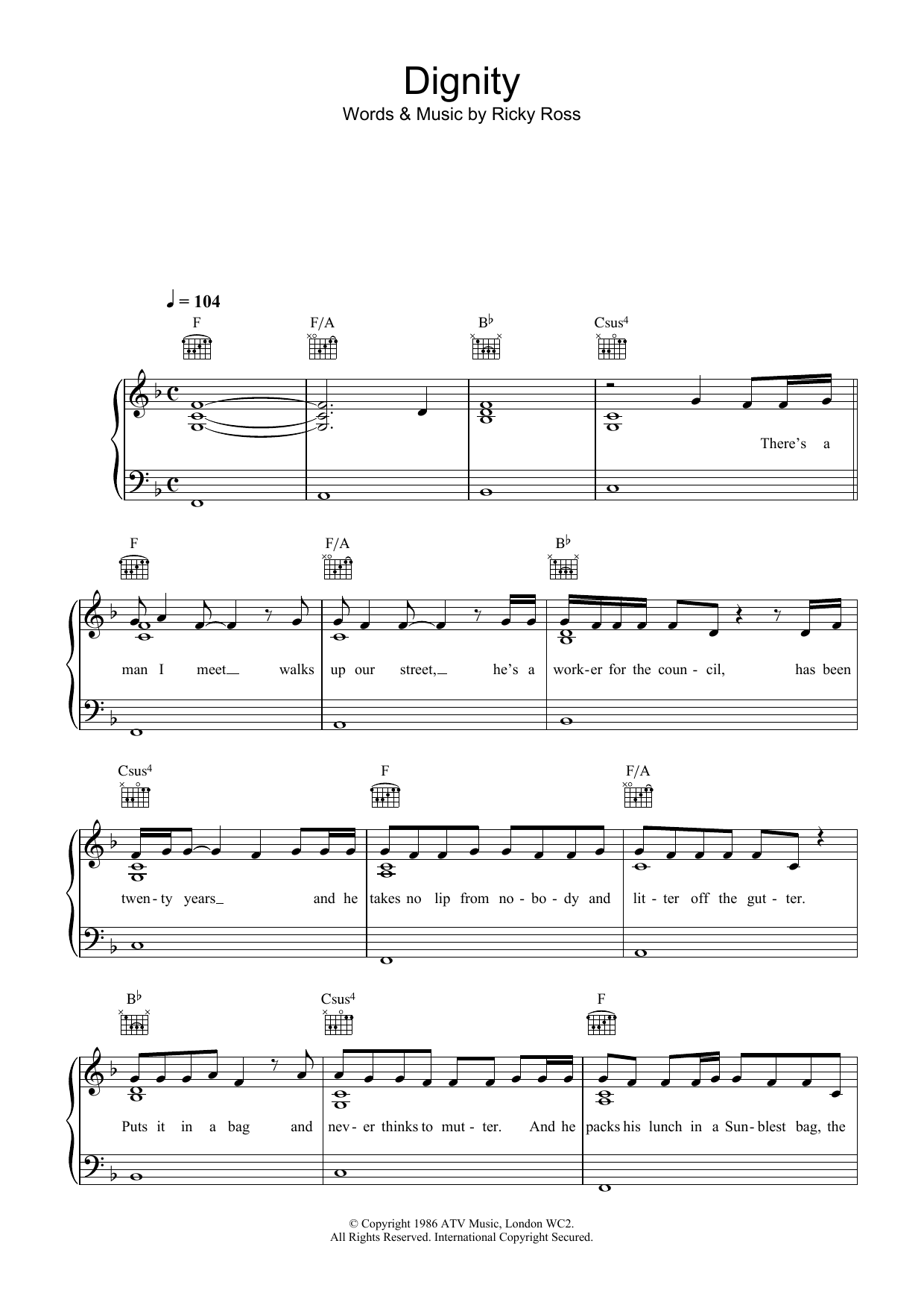 Download Deacon Blue Dignity Sheet Music and learn how to play Piano, Vocal & Guitar (Right-Hand Melody) PDF digital score in minutes