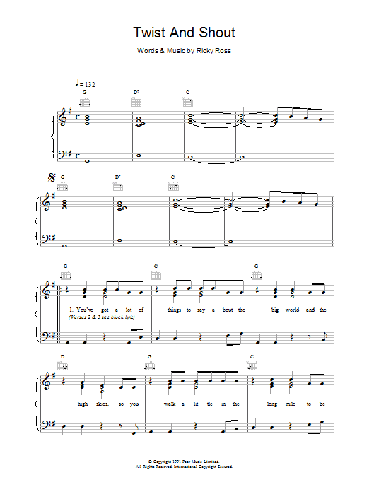 Download Deacon Blue Twist And Shout Sheet Music and learn how to play Piano, Vocal & Guitar (Right-Hand Melody) PDF digital score in minutes