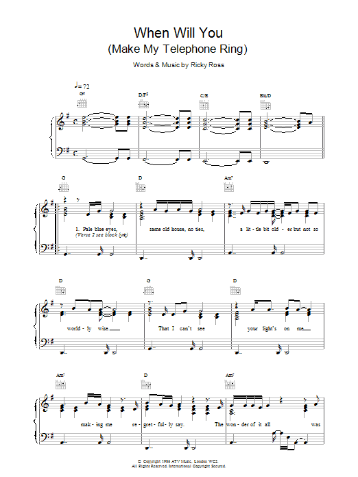 Download Deacon Blue When Will You (Make My Telephone Ring) Sheet Music and learn how to play Piano, Vocal & Guitar (Right-Hand Melody) PDF digital score in minutes