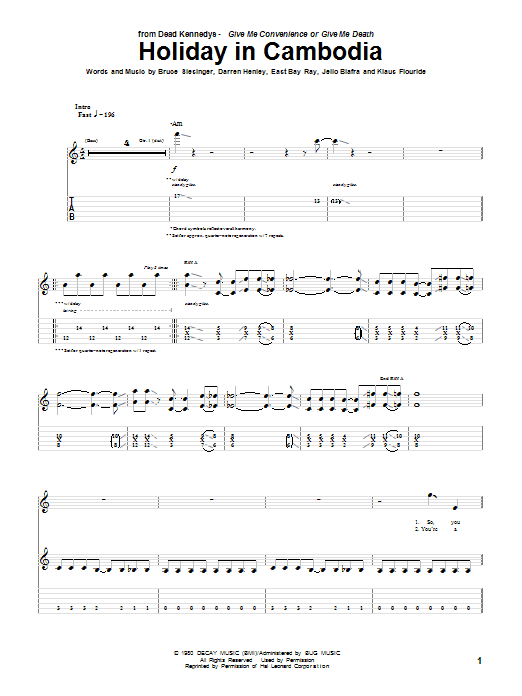 Download Dead Kennedys Holiday In Cambodia Sheet Music and learn how to play Bass Guitar Tab PDF digital score in minutes