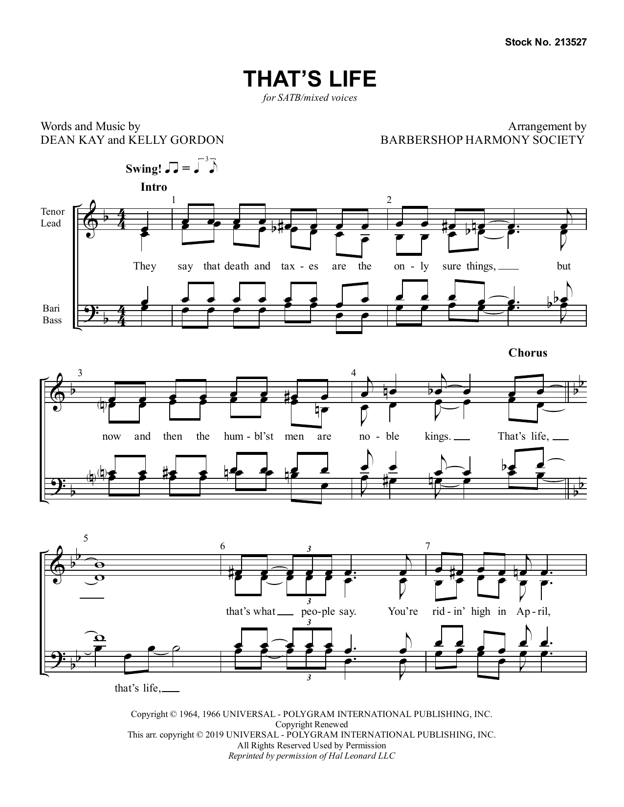 Download Dean Kay & Kelly Gordon That's Life (arr. Barbershop Harmony Society) Sheet Music and learn how to play TTBB Choir PDF digital score in minutes