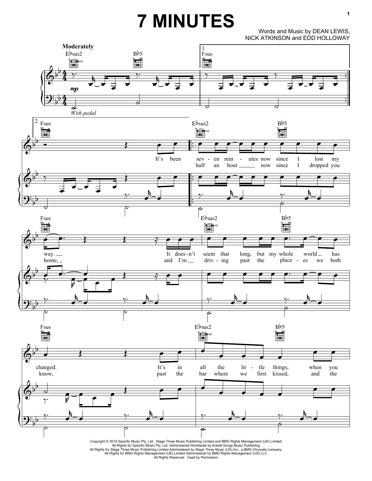 Download Dean Lewis 7 Minutes Sheet Music and learn how to play Piano, Vocal & Guitar Chords (Right-Hand Melody) PDF digital score in minutes