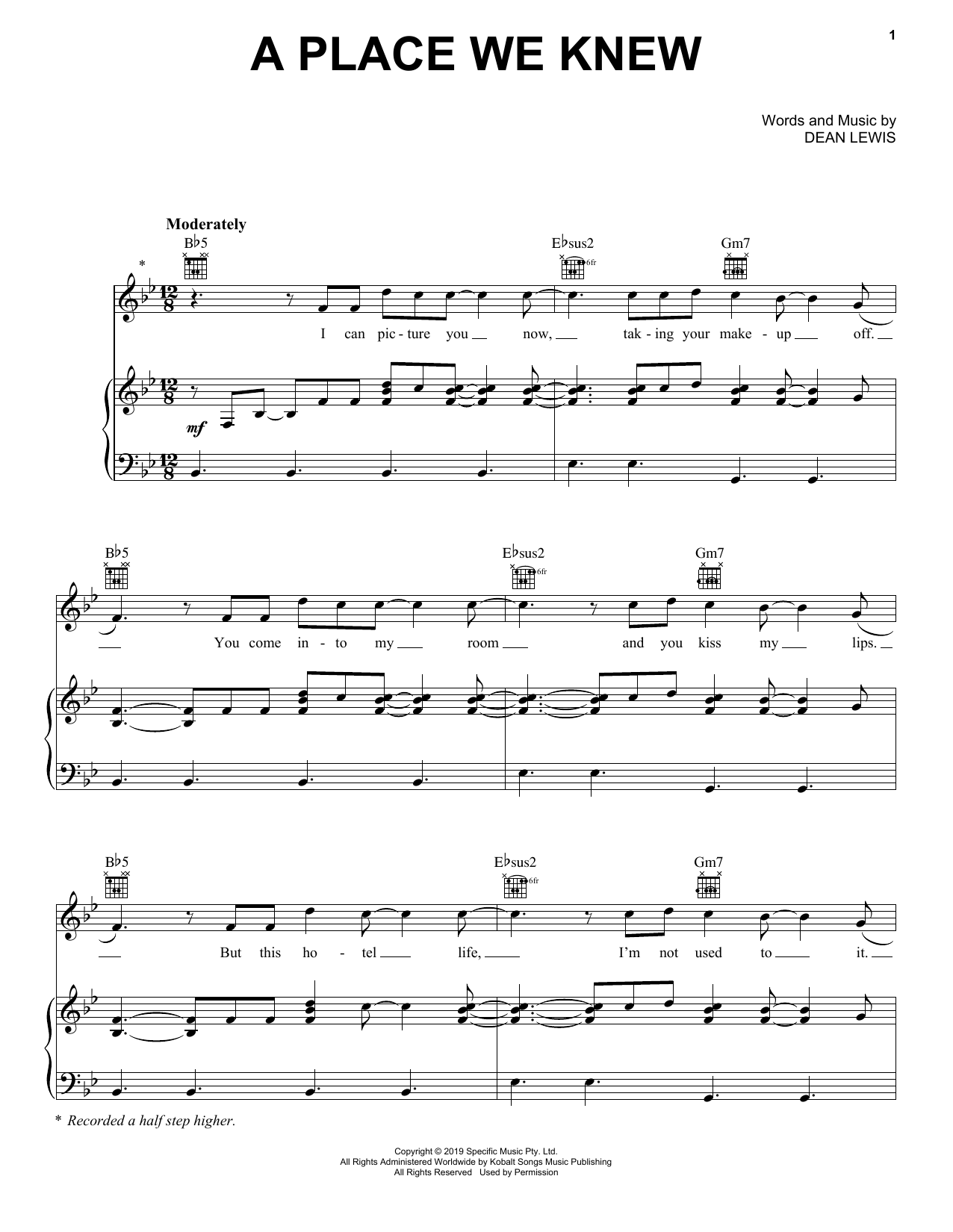 Download Dean Lewis A Place We Knew Sheet Music and learn how to play Piano, Vocal & Guitar Chords (Right-Hand Melody) PDF digital score in minutes