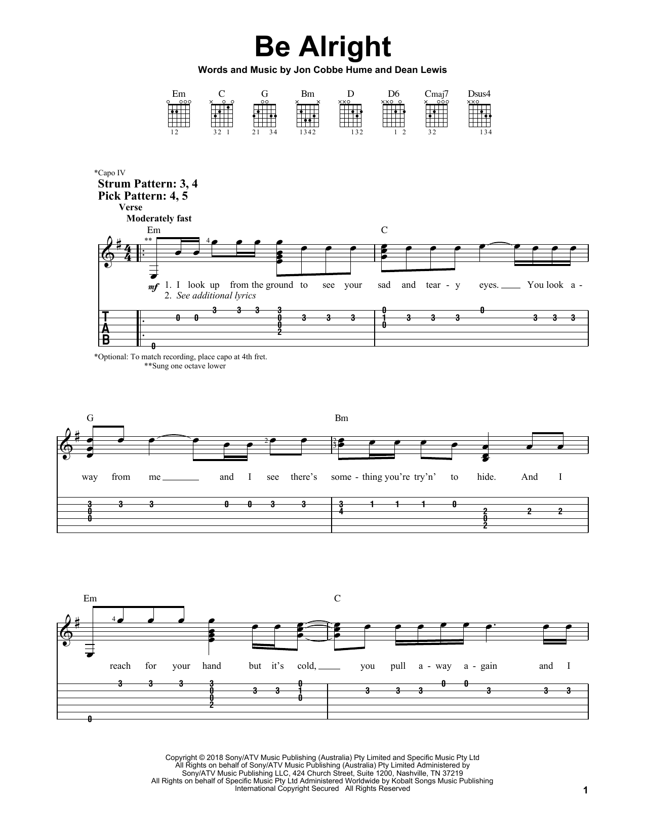 Download Dean Lewis Be Alright Sheet Music and learn how to play Easy Guitar Tab PDF digital score in minutes