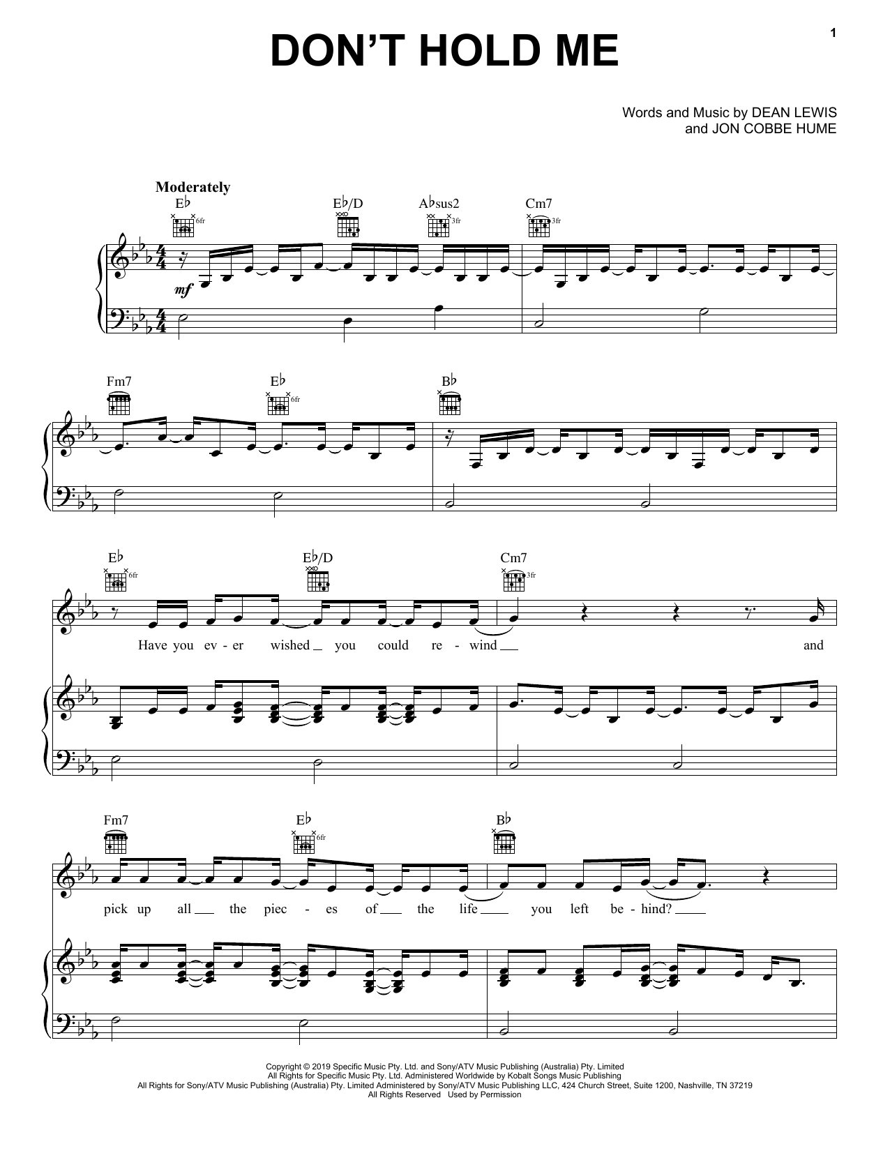 Download Dean Lewis Don't Hold Me Sheet Music and learn how to play Piano, Vocal & Guitar Chords (Right-Hand Melody) PDF digital score in minutes