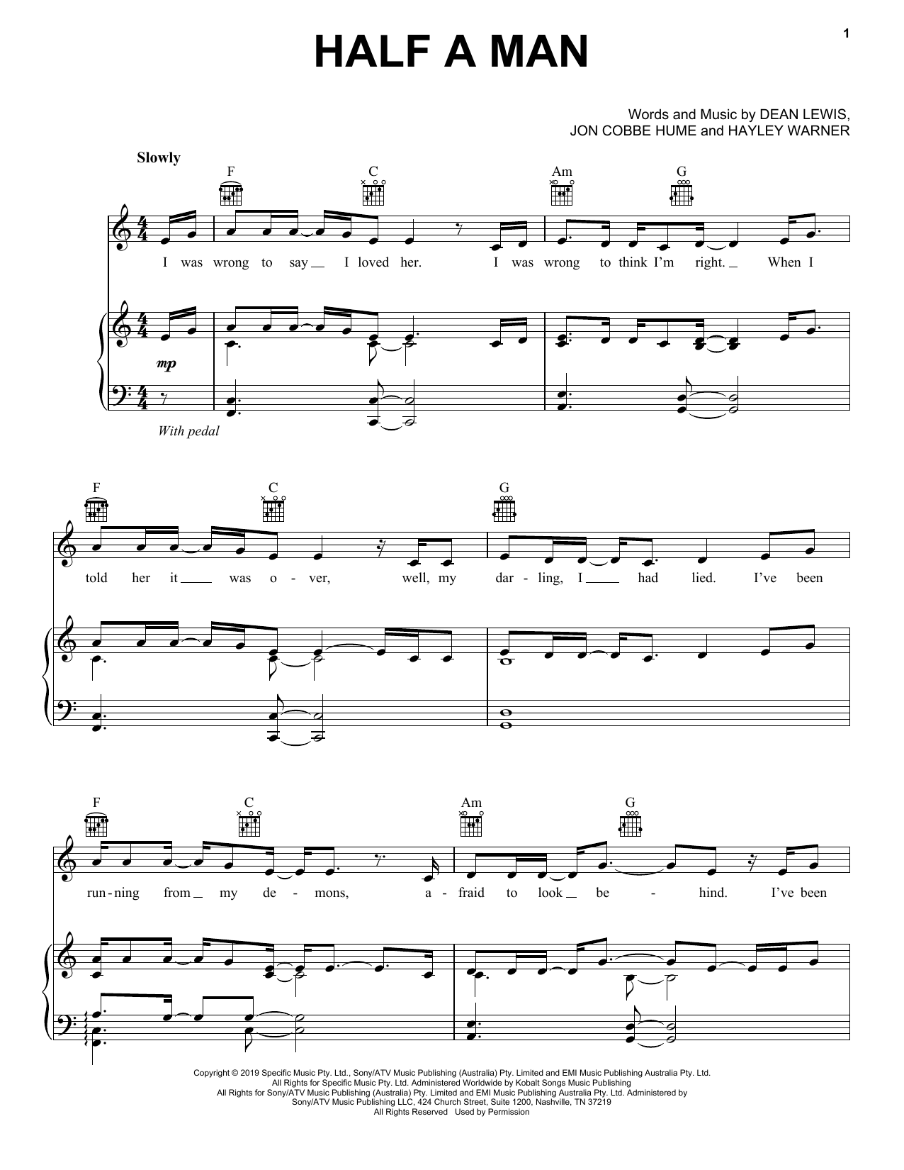 Download Dean Lewis Half A Man Sheet Music and learn how to play Piano, Vocal & Guitar Chords (Right-Hand Melody) PDF digital score in minutes