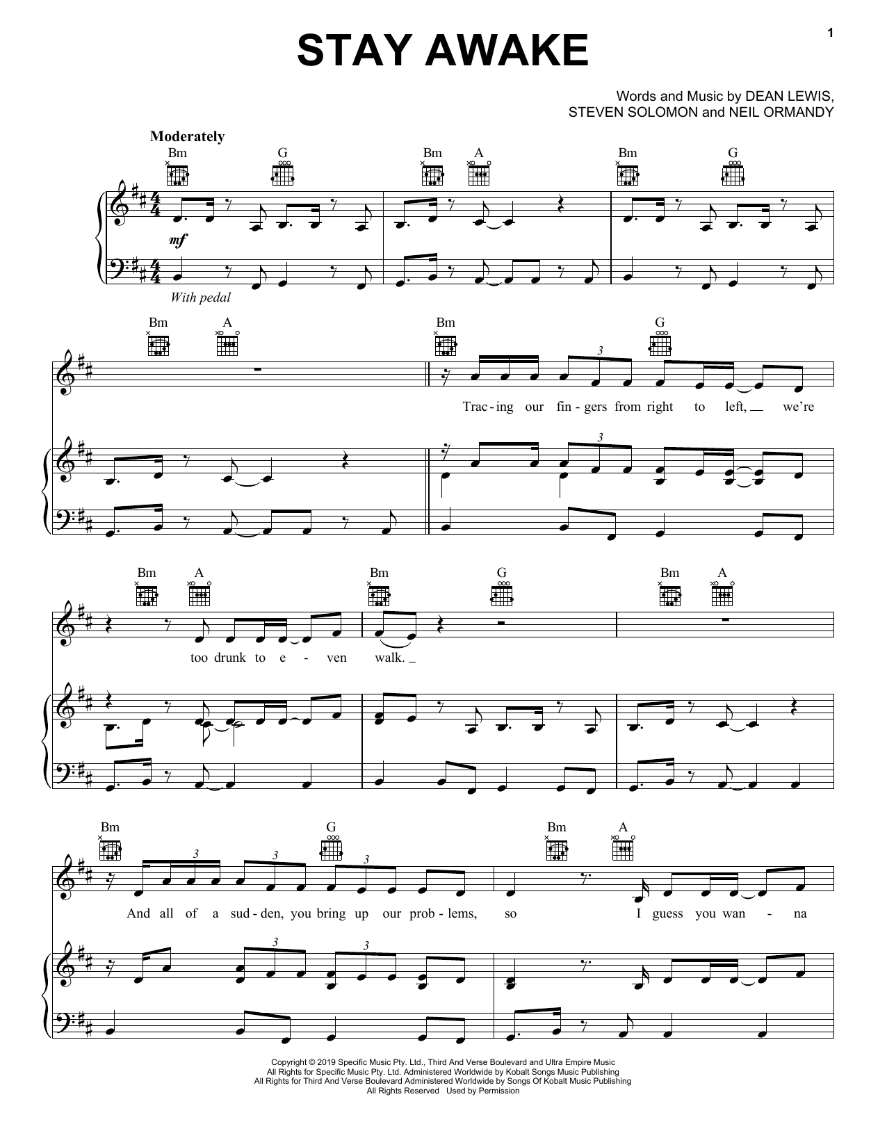 Download Dean Lewis Stay Awake Sheet Music and learn how to play Piano, Vocal & Guitar Chords (Right-Hand Melody) PDF digital score in minutes