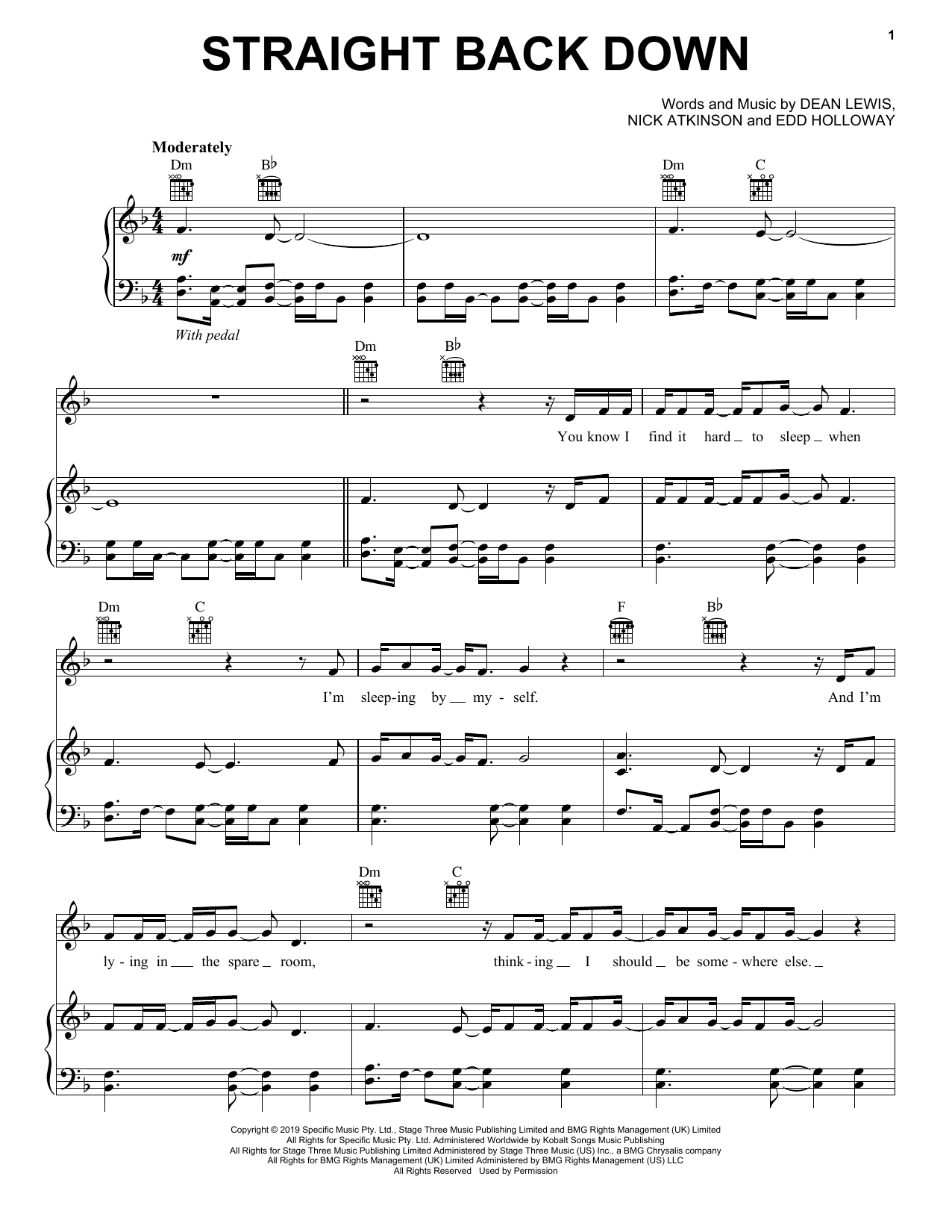 Download Dean Lewis Straight Back Down Sheet Music and learn how to play Piano, Vocal & Guitar Chords (Right-Hand Melody) PDF digital score in minutes