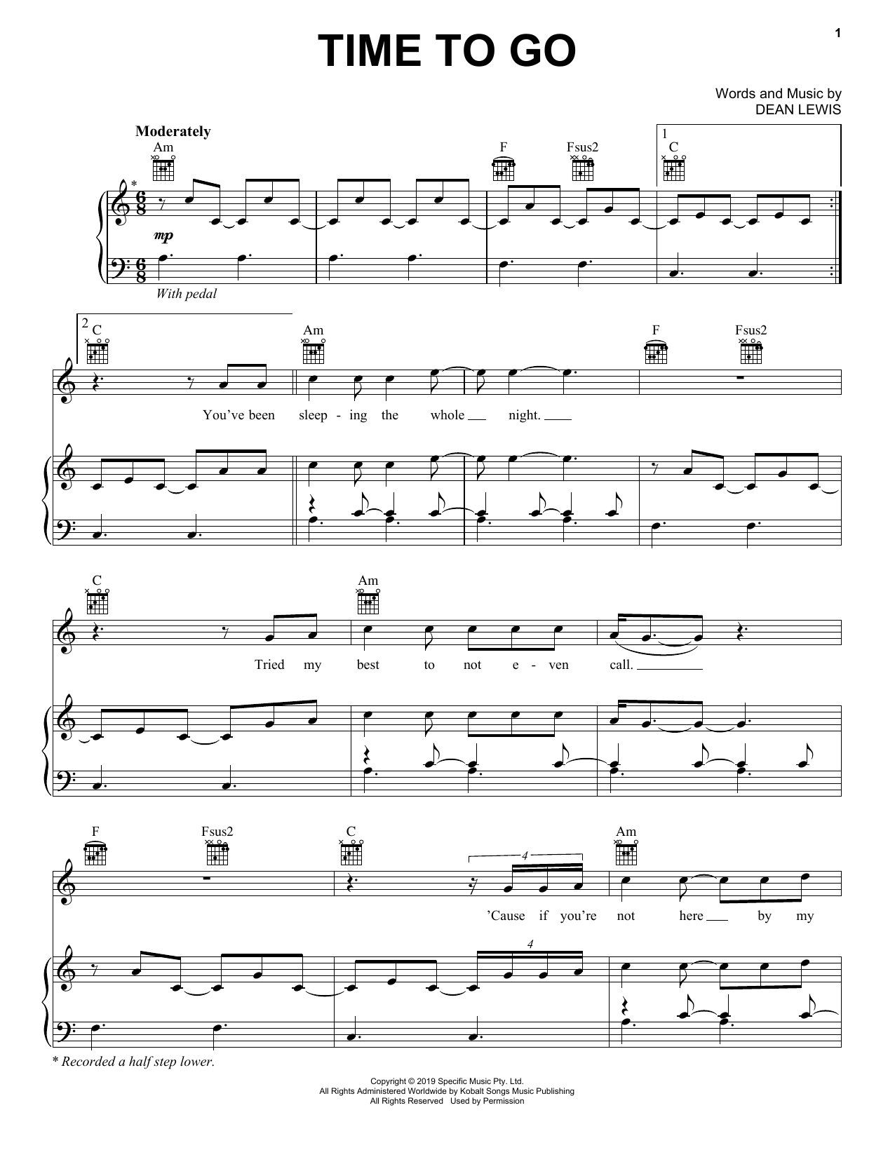 Download Dean Lewis Time To Go Sheet Music and learn how to play Piano, Vocal & Guitar Chords (Right-Hand Melody) PDF digital score in minutes