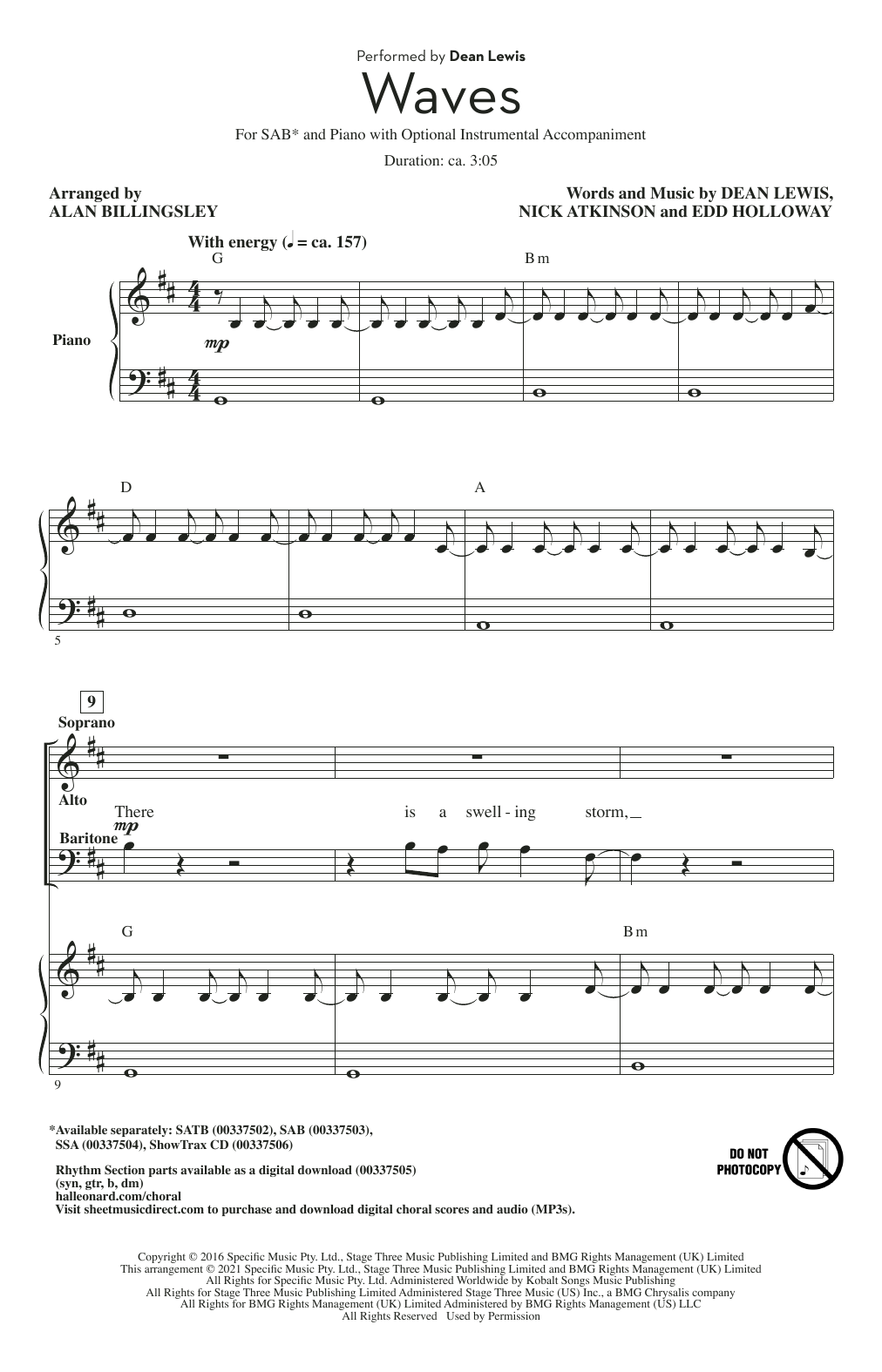 Download Dean Lewis Waves (arr. Alan Billingsley) Sheet Music and learn how to play SAB Choir PDF digital score in minutes