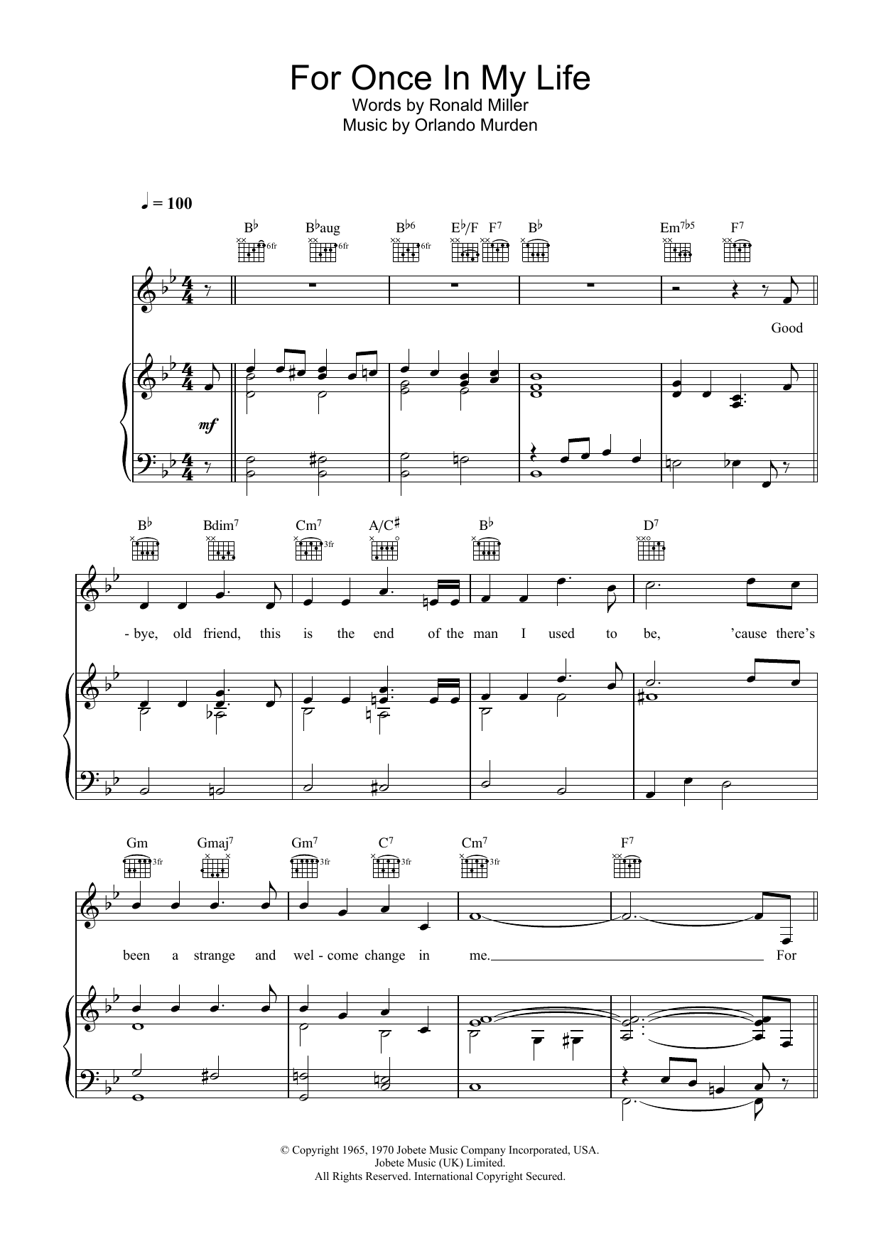 Download Stevie Wonder For Once In My Life Sheet Music and learn how to play Piano, Vocal & Guitar (Right-Hand Melody) PDF digital score in minutes
