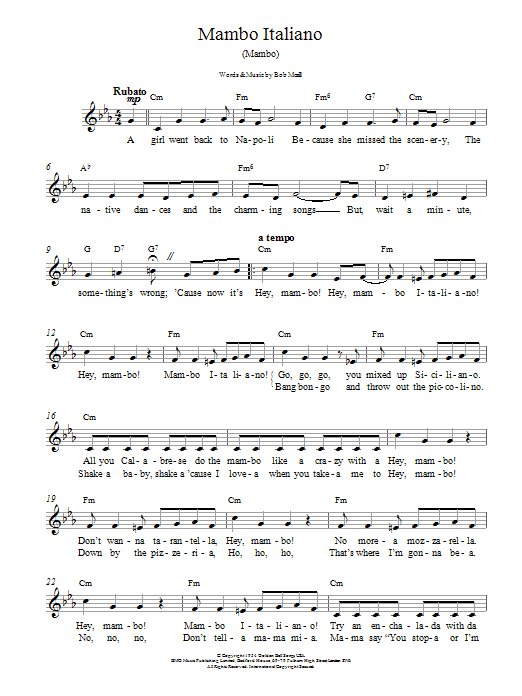 Download Bob Merrill Mambo Italiano Sheet Music and learn how to play Melody Line, Lyrics & Chords PDF digital score in minutes