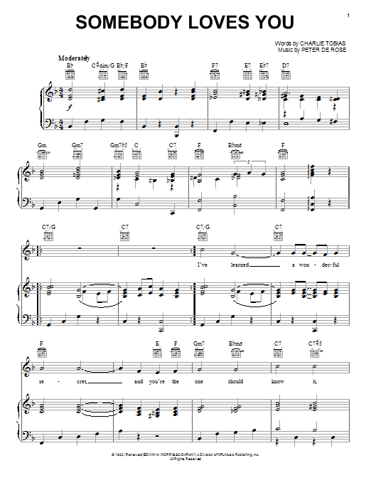 Download Dean Martin Somebody Loves You Sheet Music and learn how to play Piano, Vocal & Guitar (Right-Hand Melody) PDF digital score in minutes