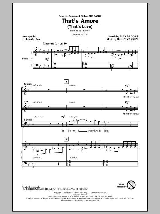 Download Dean Martin That's Amore (That's Love) (arr. Jill Gallina) Sheet Music and learn how to play SAB PDF digital score in minutes