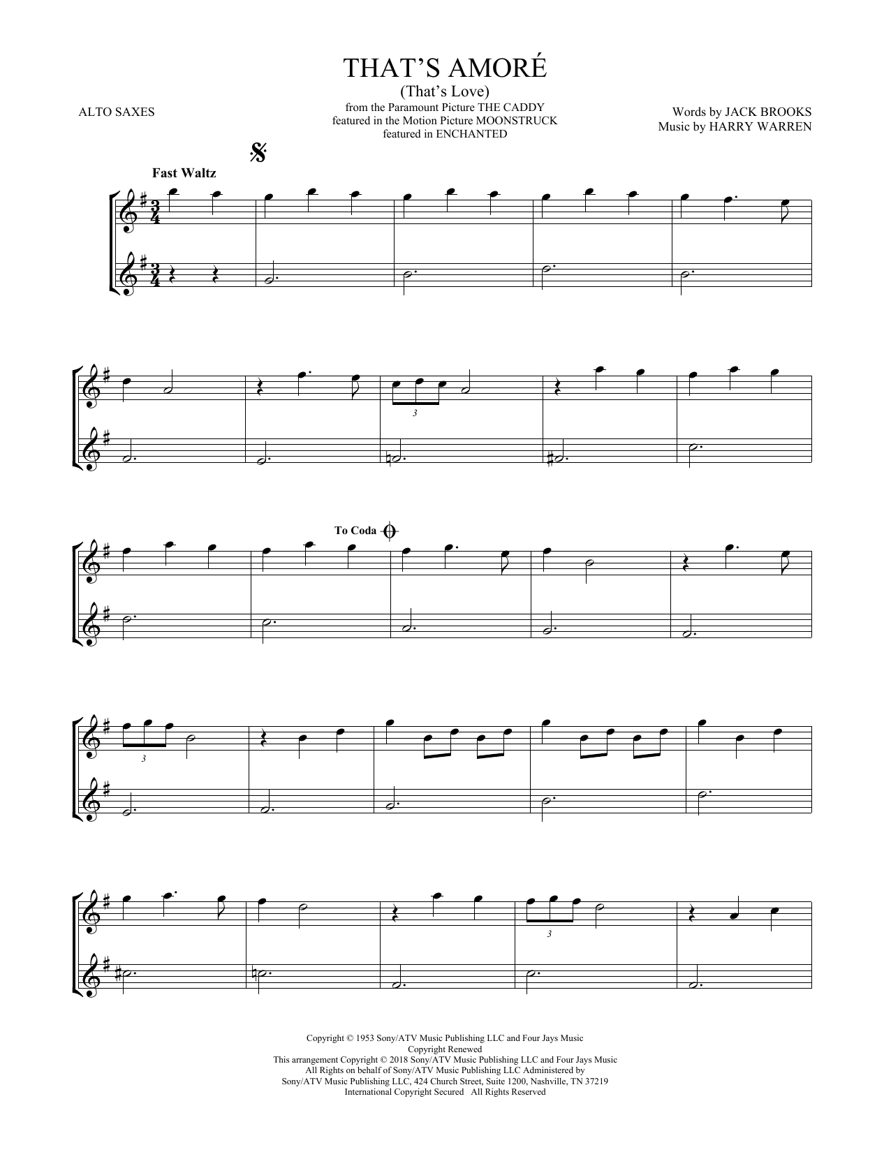 Download Harry Warren That's Amore (That's Love) Sheet Music and learn how to play Alto Sax Duet PDF digital score in minutes