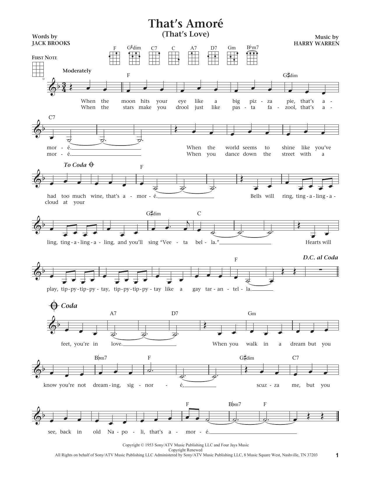 Download Harry Warren That's Amore (That's Love) Sheet Music and learn how to play Ukulele PDF digital score in minutes