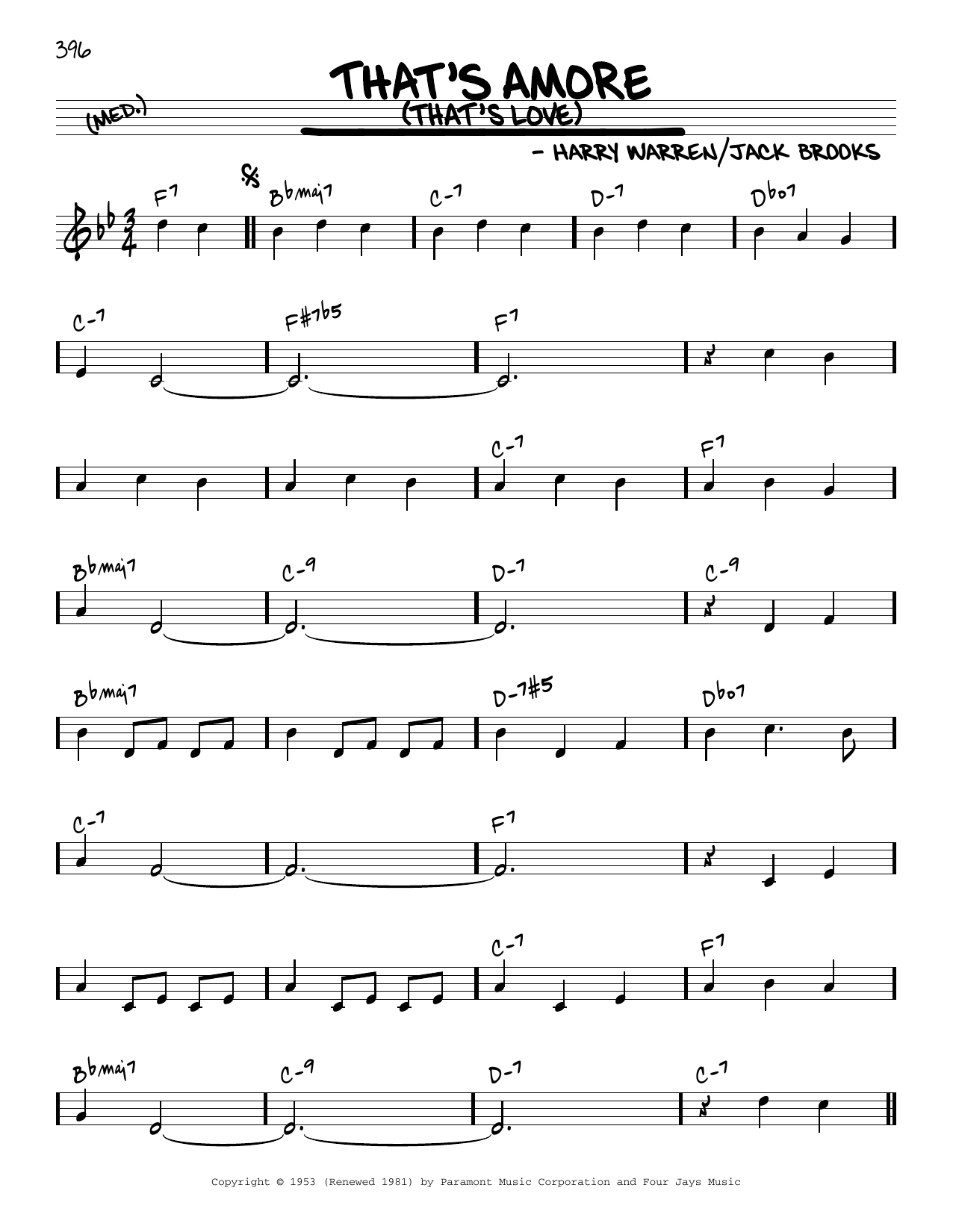 Download Harry Warren That's Amore (That's Love) [Reharmonized version] (arr. Jack Grassel) Sheet Music and learn how to play Real Book – Melody & Chords PDF digital score in minutes