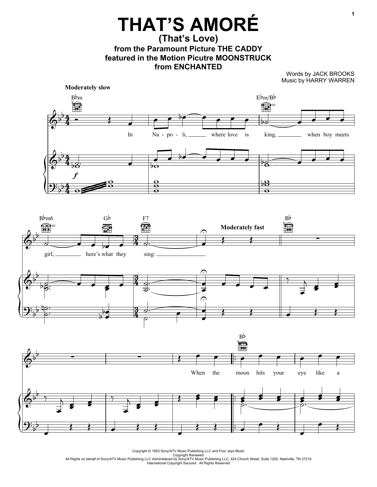 Download Dean Martin That's Amore (That's Love) Sheet Music and learn how to play Real Book - Melody, Lyrics & Chords - C Instruments PDF digital score in minutes