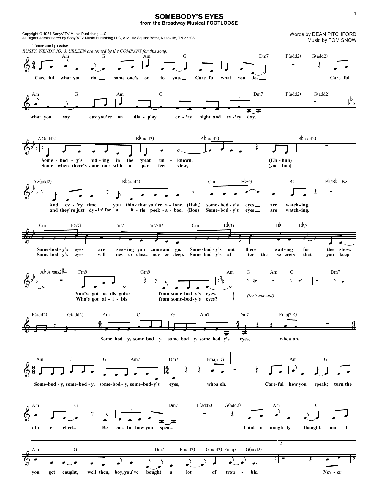 Download Dean Pitchford Somebody's Eyes Sheet Music and learn how to play Easy Piano PDF digital score in minutes