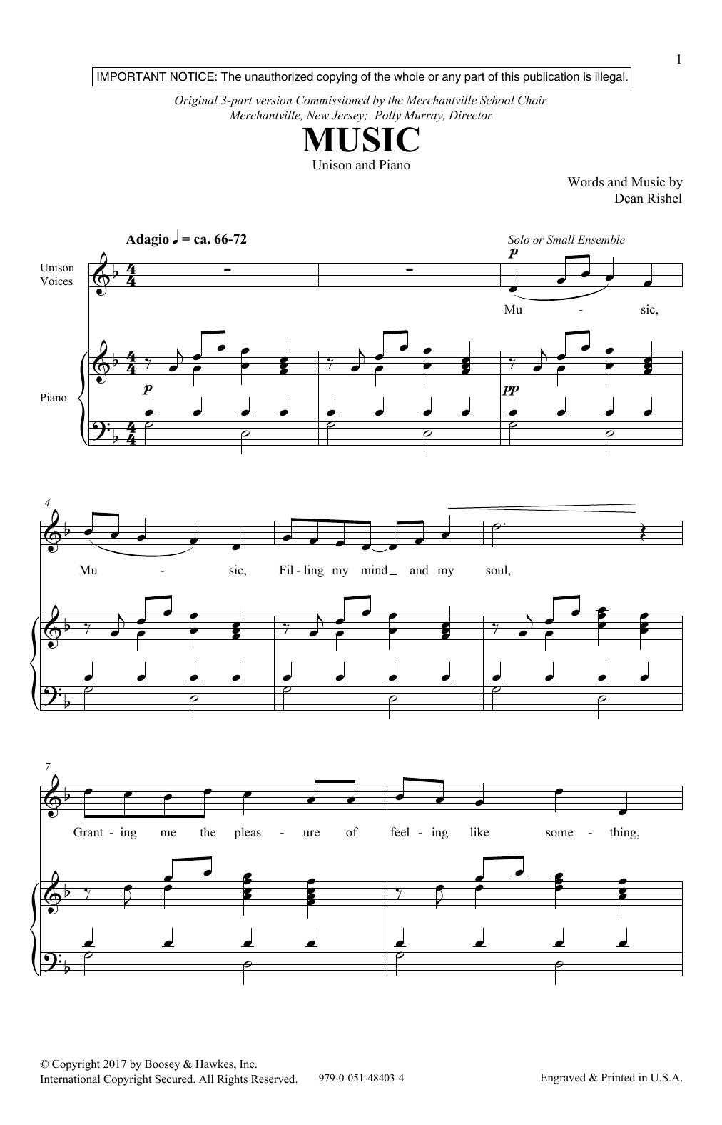 Download Dean Rishel Music Sheet Music and learn how to play Unison Choir PDF digital score in minutes