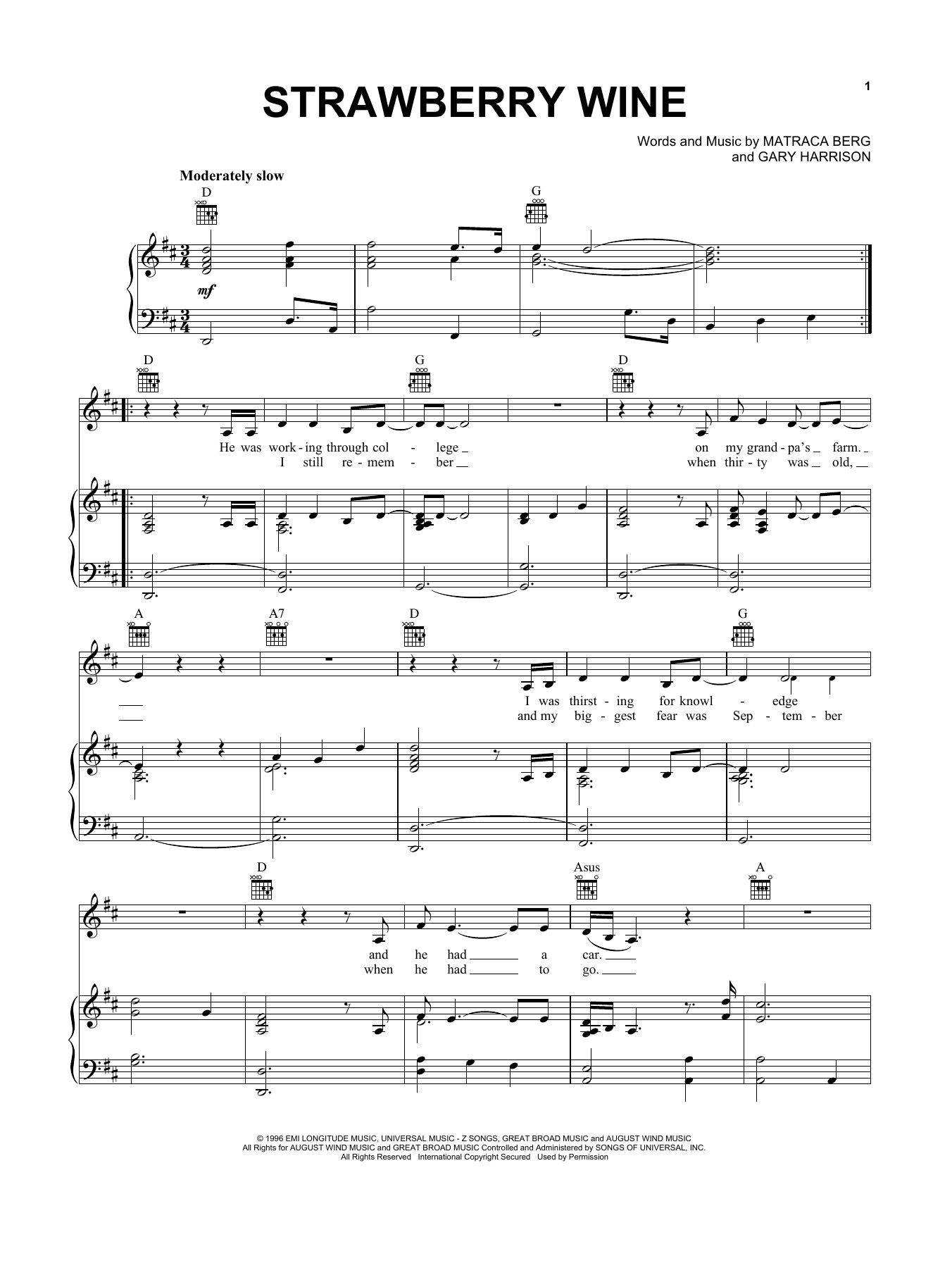 Download Deana Carter Strawberry Wine Sheet Music and learn how to play Piano, Vocal & Guitar (Right-Hand Melody) PDF digital score in minutes