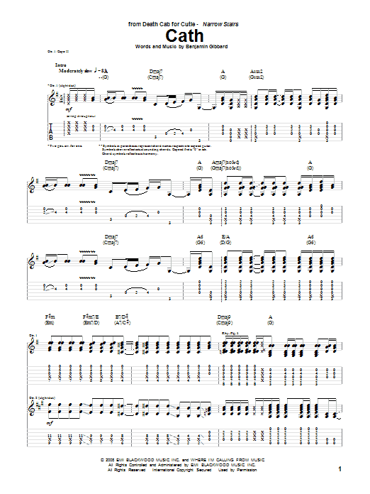 Download Death Cab For Cutie Cath Sheet Music and learn how to play Guitar Tab PDF digital score in minutes