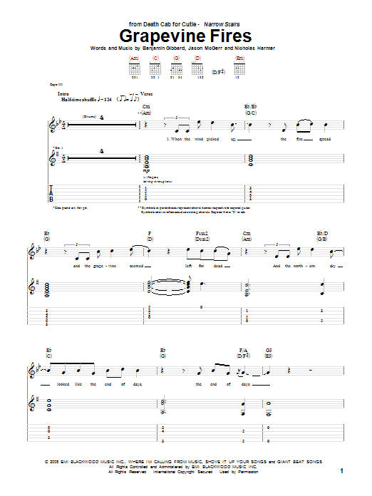 Download Death Cab For Cutie Grapevine Fires Sheet Music and learn how to play Guitar Tab PDF digital score in minutes