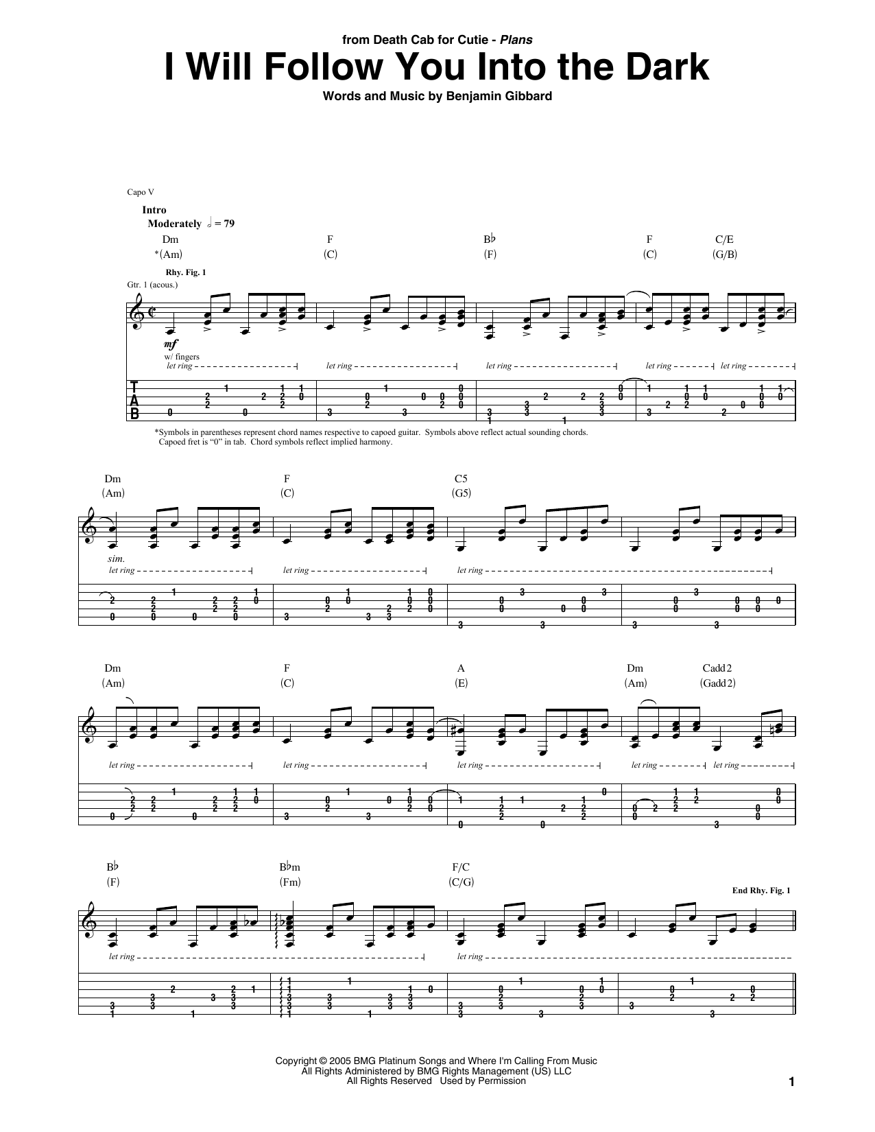 Download Death Cab For Cutie I Will Follow You Into The Dark Sheet Music and learn how to play Guitar Lead Sheet PDF digital score in minutes