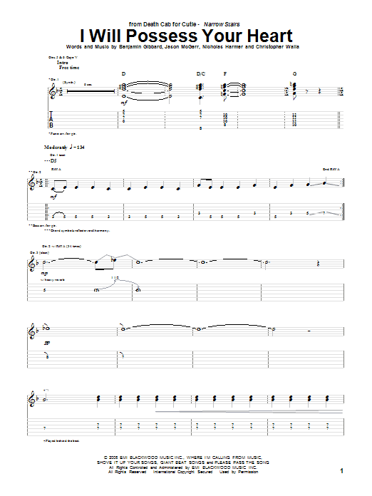 Download Death Cab For Cutie I Will Possess Your Heart Sheet Music and learn how to play Guitar Tab PDF digital score in minutes