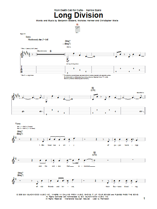 Download Death Cab For Cutie Long Division Sheet Music and learn how to play Guitar Tab PDF digital score in minutes