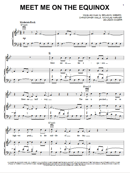 Download Death Cab For Cutie Meet Me On The Equinox Sheet Music and learn how to play Piano, Vocal & Guitar (Right-Hand Melody) PDF digital score in minutes