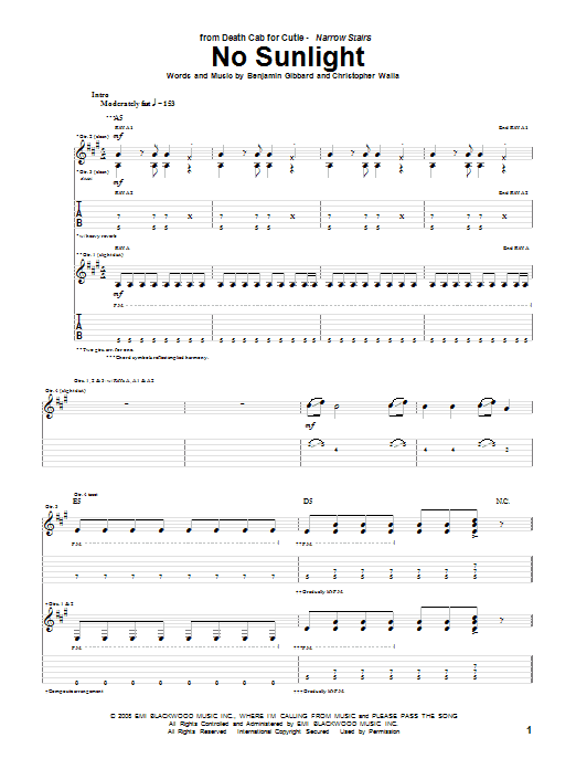 Download Death Cab For Cutie No Sunlight Sheet Music and learn how to play Guitar Tab PDF digital score in minutes