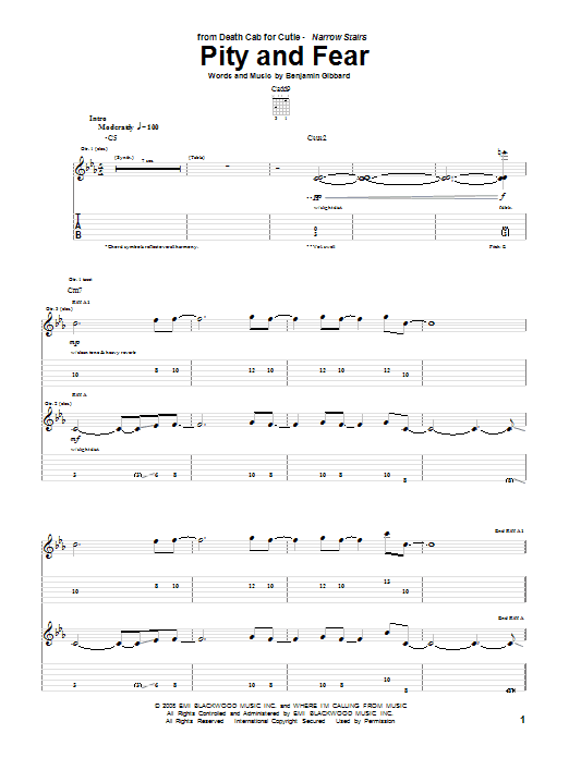 Download Death Cab For Cutie Pity And Fear Sheet Music and learn how to play Guitar Tab PDF digital score in minutes
