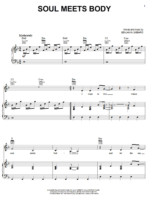 Download Death Cab For Cutie Soul Meets Body Sheet Music and learn how to play Piano, Vocal & Guitar (Right-Hand Melody) PDF digital score in minutes