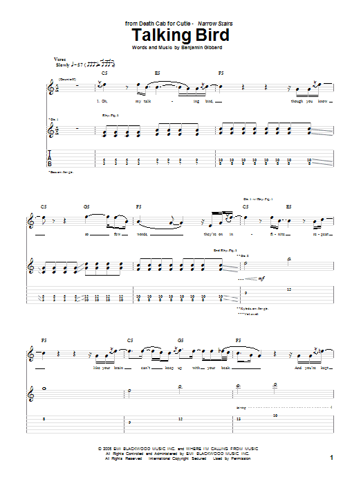 Download Death Cab For Cutie Talking Bird Sheet Music and learn how to play Guitar Tab PDF digital score in minutes