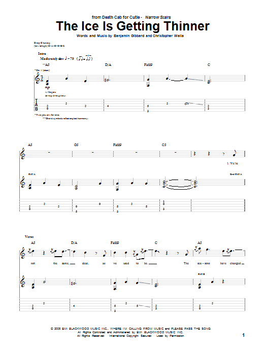 Download Death Cab For Cutie The Ice Is Getting Thinner Sheet Music and learn how to play Guitar Tab PDF digital score in minutes