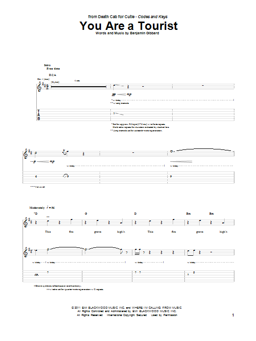 Download Death Cab For Cutie You Are A Tourist Sheet Music and learn how to play Guitar Tab PDF digital score in minutes