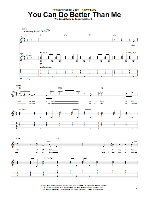 Download Death Cab For Cutie You Can Do Better Than Me Sheet Music and learn how to play Guitar Tab PDF digital score in minutes