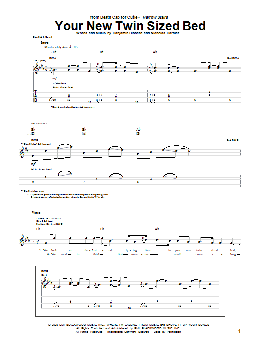 Download Death Cab For Cutie Your New Twin Sized Bed Sheet Music and learn how to play Guitar Tab PDF digital score in minutes
