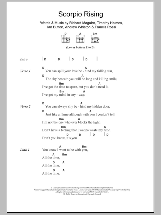 Download Death In Vegas Scorpio Rising Sheet Music and learn how to play Lyrics & Chords PDF digital score in minutes