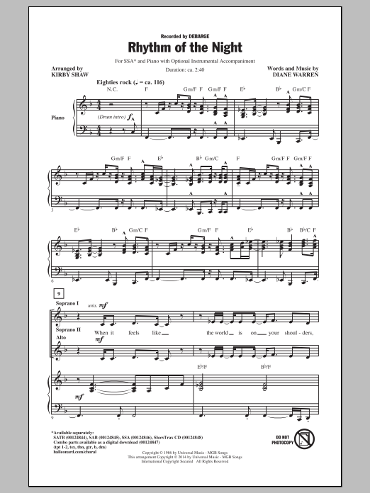 Download Kirby Shaw Rhythm Of The Night Sheet Music and learn how to play SATB PDF digital score in minutes