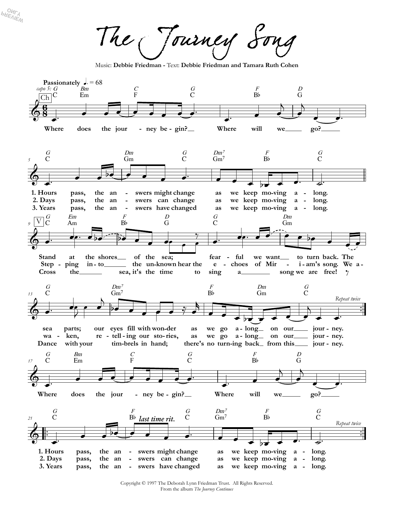 Download Debbie Friedman & Tamara Ruth Cohen The Journey Song Sheet Music and learn how to play Lead Sheet / Fake Book PDF digital score in minutes