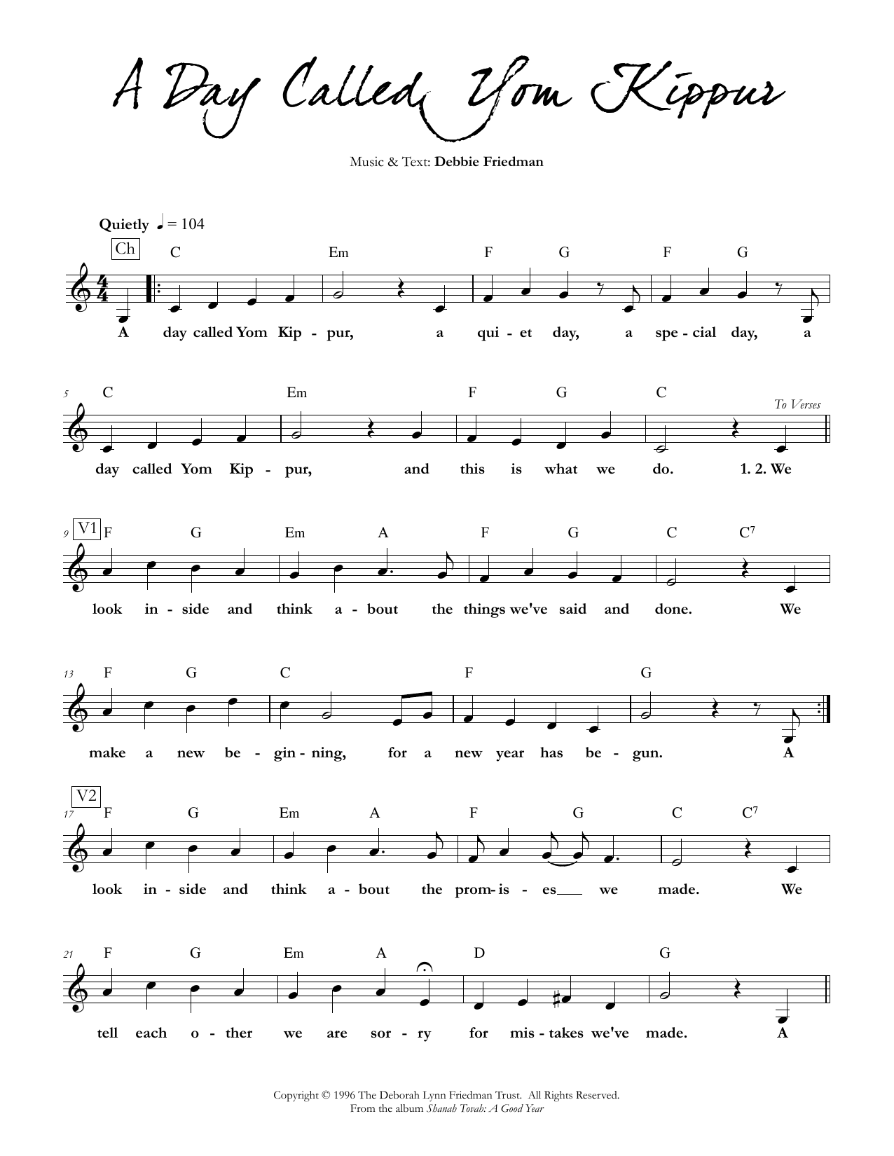 Download Debbie Friedman A Day Called Yom Kippur Sheet Music and learn how to play Lead Sheet / Fake Book PDF digital score in minutes